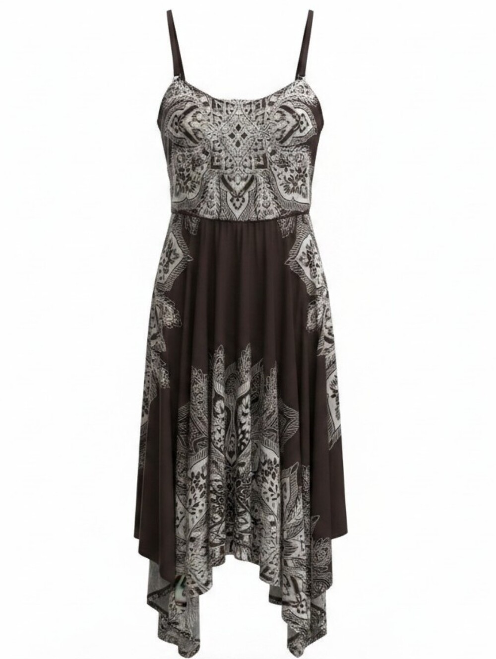 SOMA | Demure Java‎ Brown Cream Asymmetric Scarf Hem Soft Earthy Boho Dress | L
